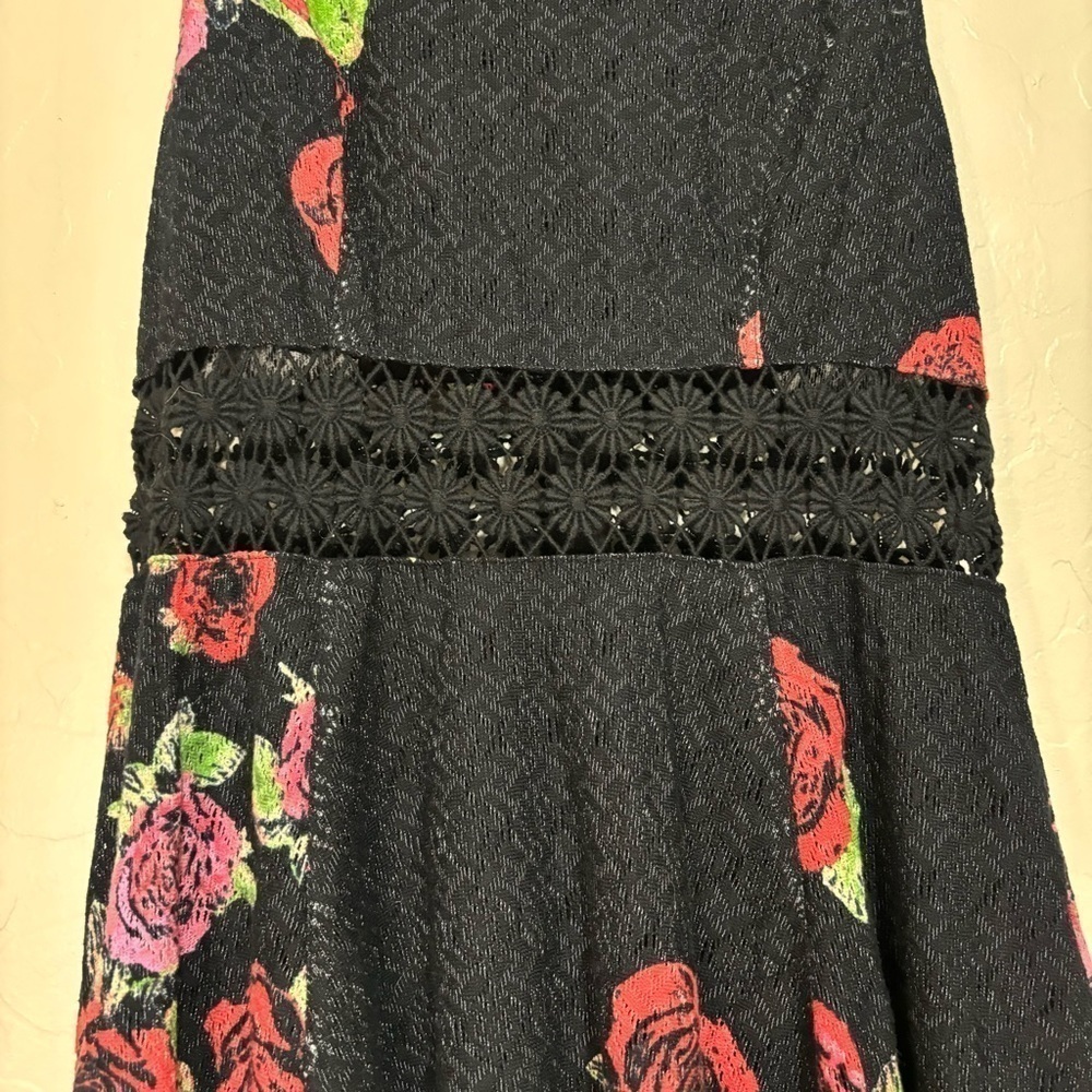 Free People Black Rose Print Fit and Flare Crocheted Daisy Cutout Waist Dress 4 - Picture 6 of 10